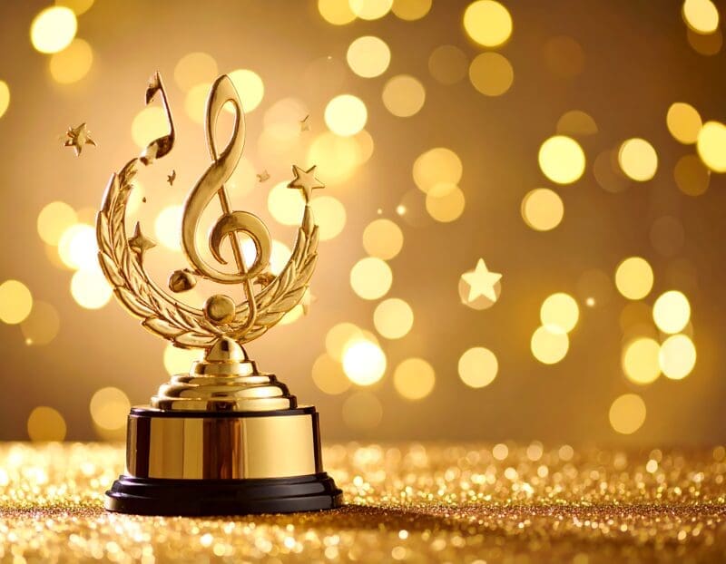 Golden Music Award Trophy On Glittery Background Golden Music Award Trophy On Glittery Background